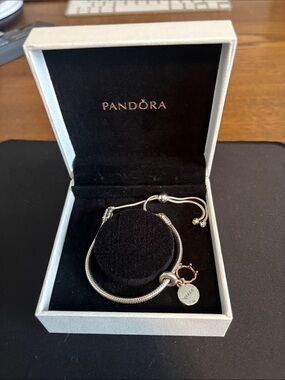 Pandora Silver Snake Chain Bracelet with Round Tag and Clasp